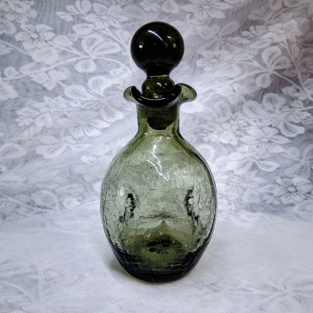 Vintage Rainbow Glass Co Crackle Finish Smoky Olive Gray Pinch Bottle Decanter